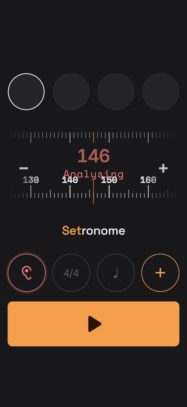 Hear the tempo on the iPhone: the analysis is running, the ear has a red ring, and the first number, 146, still stands in red above the tempo ruler.