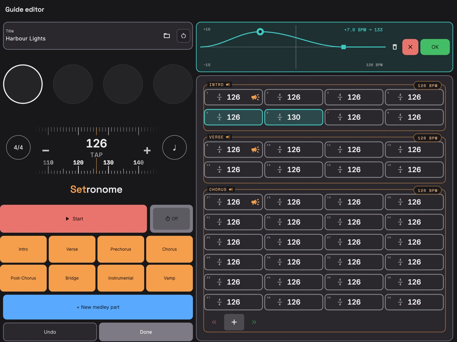 Click track with tempo changes: the guide editor with the tempo band open, the bent curve above the bars, the knob pulled up to plus 7 BPM, which turns 126 into 133, with a set corner behind it.