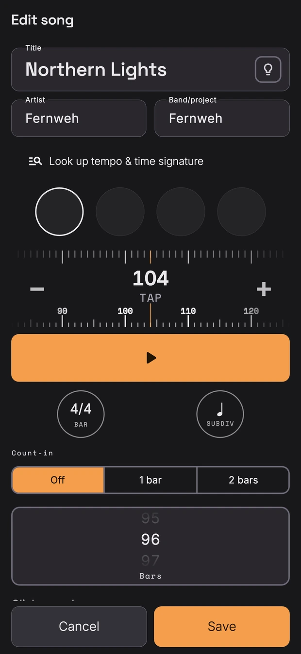 Count-in, tempo and time signature per song: the song bench on the iPhone with title, tempo, time signature, count-in and number of bars.