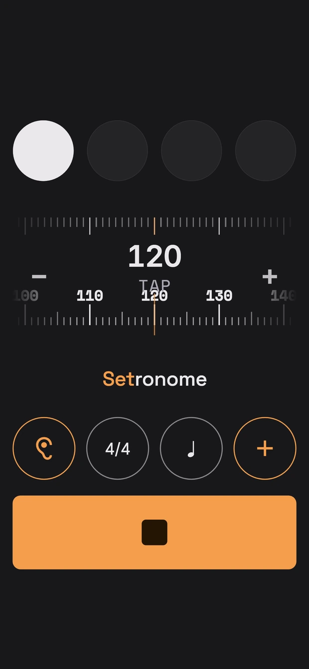 Tap tempo on the iPhone: the metronome home screen at 120 BPM, below the number the TAP field for tapping along, the click is running and the first LED is lit.
