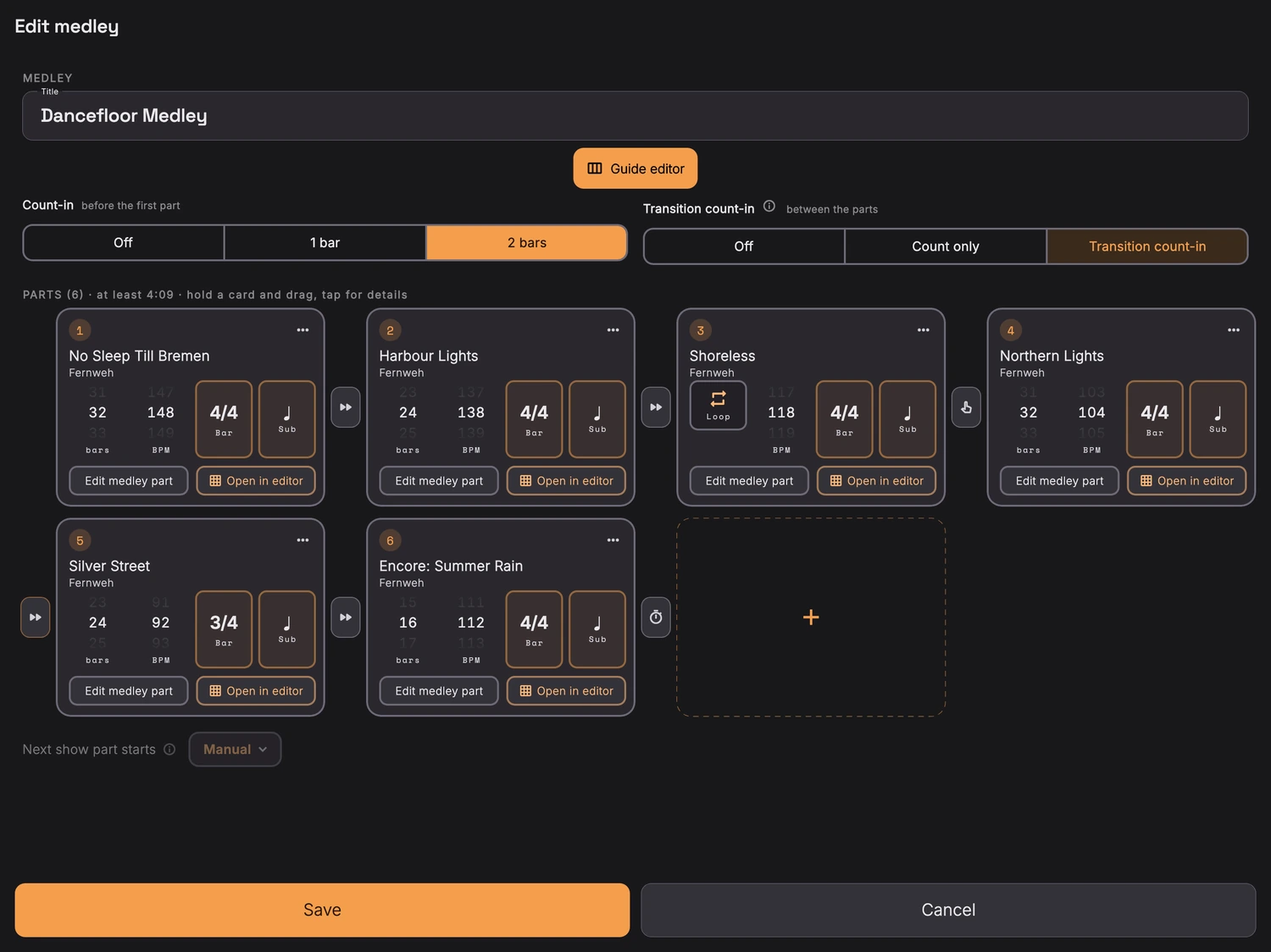 Metronome with tempo and time signature changes: the medley editor, six parts as cards, each with its own bar count, tempo and time signature, with the transition marked between them.