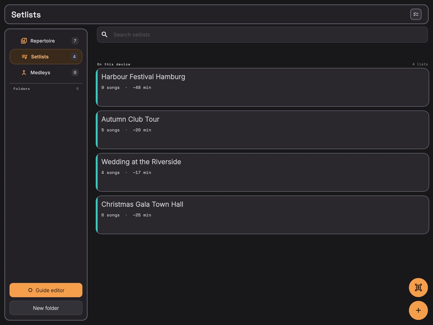 Metronome with setlist: setlists on the iPad, four lists with song count and running time, the section column on the left, and the button for reading a setlist from a photo or PDF at the bottom right.