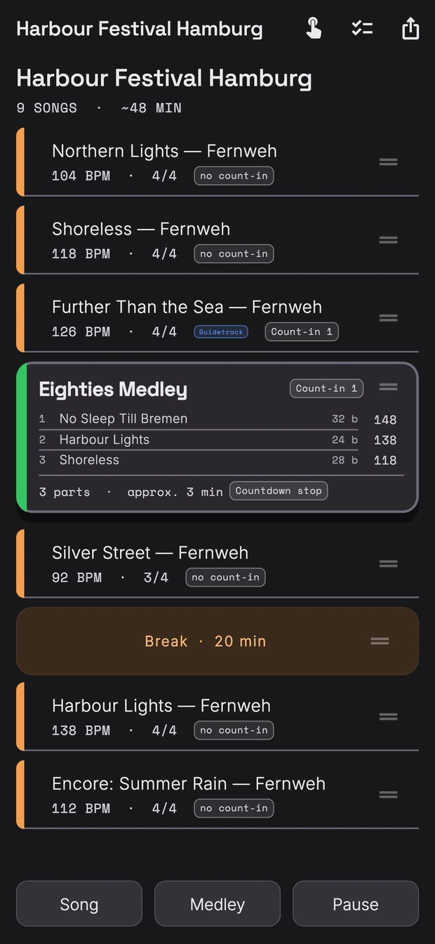 Metronome with setlist on the iPhone: six songs, a medley with three tempos and a break.