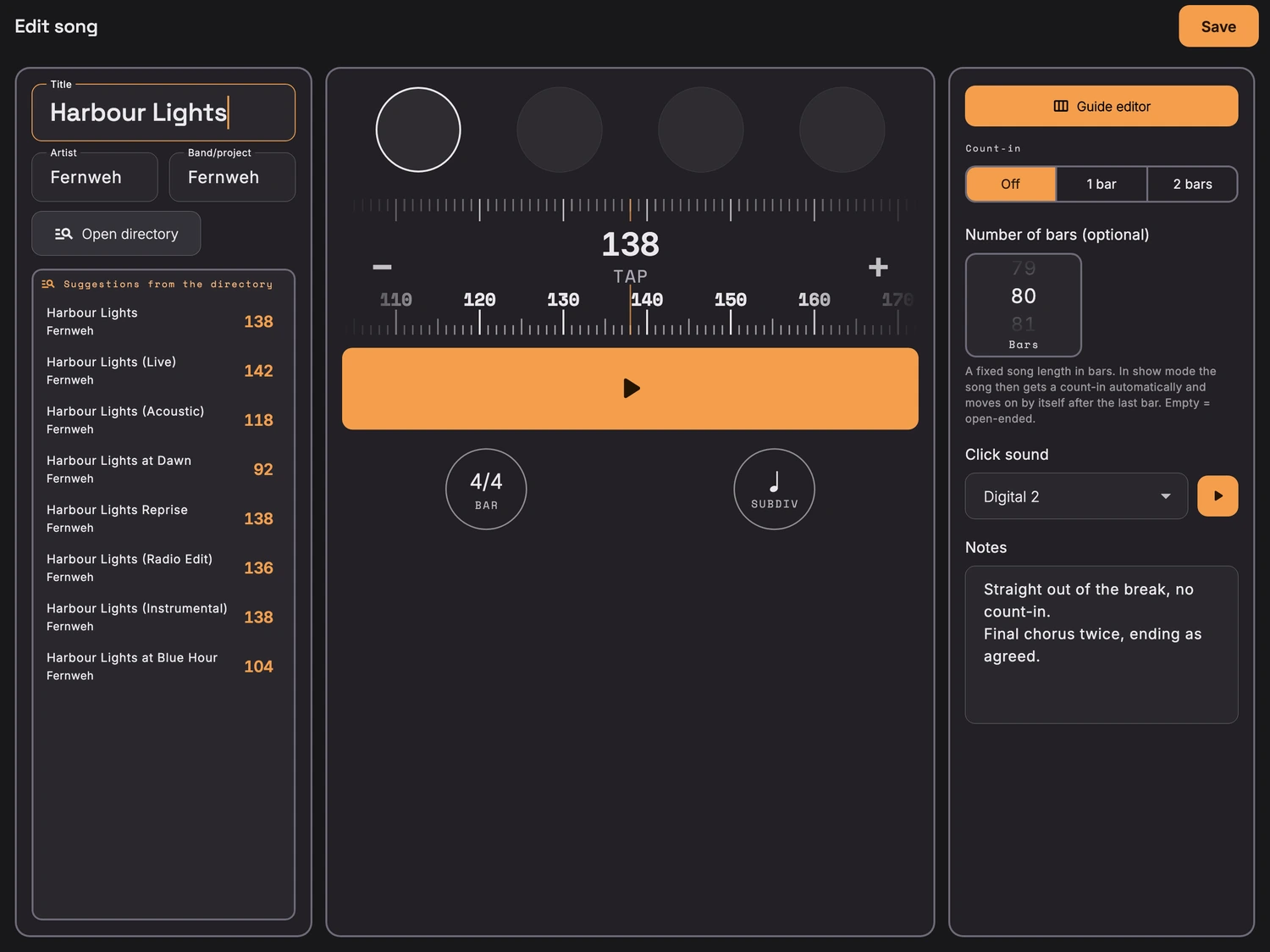 Song BPM finder: the song editor on the iPad with the title Harbour Lights, on the left eight suggestions from the song directory with their tempos, in the middle tempo 138 with the TAP field, on the right count-in, number of bars, click sound and notes.