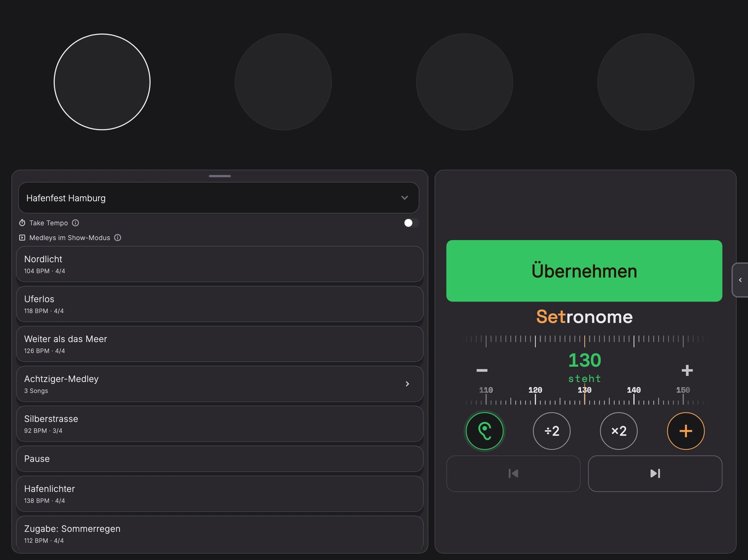 BPM erkennen in der Metronom-App: Setronome auf dem iPad, nachdem die Messung steht. Die Zahl 130 und das Ohr leuchten grün, der Startknopf heißt Übernehmen, daneben die Knöpfe ÷2 und ×2, links die Setliste Hafenfest Hamburg.