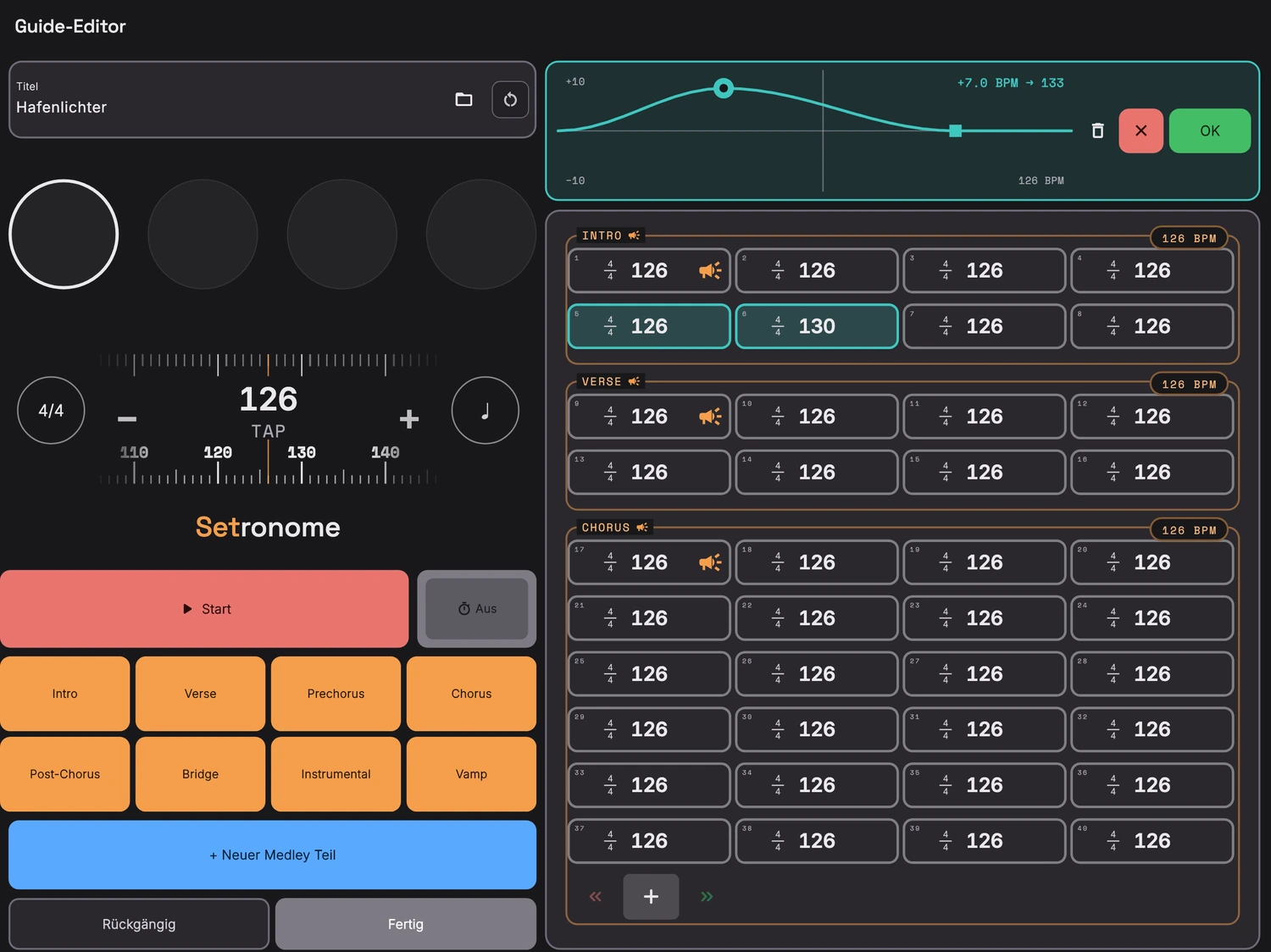 Click-Track mit Tempowechsel: der Guide-Editor mit offenem Tempoband, die gebogene Kurve über den Takten, der Knubbel auf plus sieben BPM, dahinter eine gesetzte Ecke.