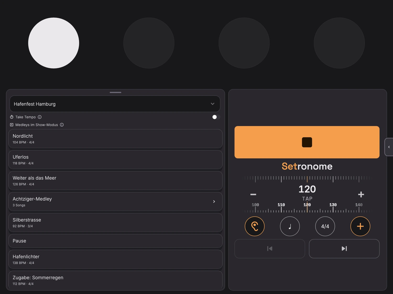 Die Metronom-App auf dem iPad: die Startseite mit der LED-Reihe oben, links die Setliste Hafenfest Hamburg mit Songs und Tempi, rechts der breite Startknopf, das Tempo-Lineal auf 120 mit TAP-Feld und darunter die Knöpfe für Ohr, Unterteilung, Taktart und Plus.