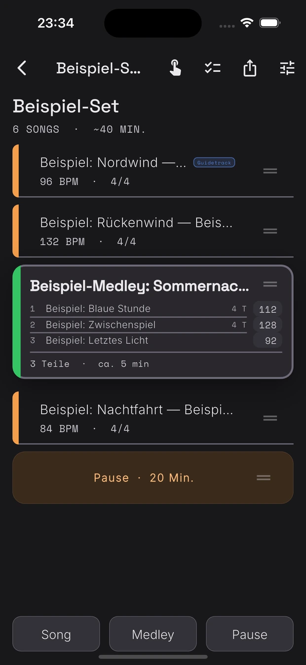 Metronom mit Setliste auf dem iPhone: drei Songs, ein Medley mit drei Tempi und eine Pause.