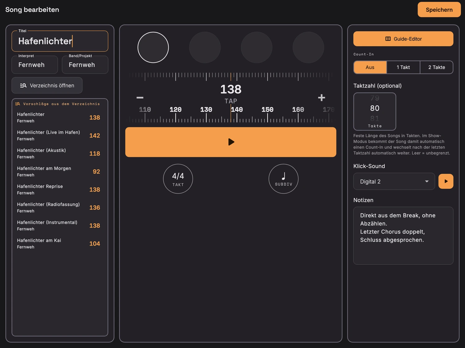 BPM erkennen mit dem Song-Verzeichnis: der Song-Editor auf dem iPad mit dem Titel Hafenlichter, links acht Vorschläge aus dem Song-Verzeichnis mit ihren Tempi, in der Mitte das Tempo 138 mit TAP-Feld, rechts Count-in, Taktzahl, Klick-Sound und Notizen.