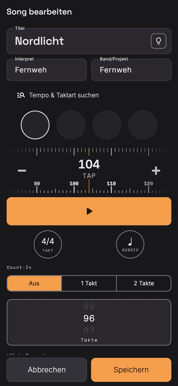 Song mit Tempo, Taktart und Count-in: die Song-Werkbank auf dem iPhone mit Titel, Tempo, Taktart, Count-in und Taktzahl.